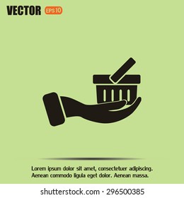 Vector icon hand holding a cart online store, Internet shop. bas