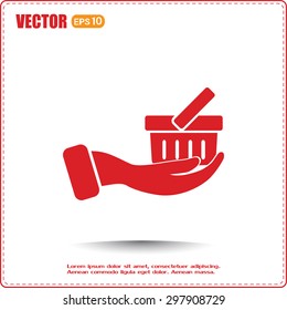 Vector icon hand holding a cart online store, Internet shop. bas