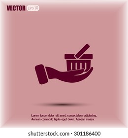 Vector icon hand holding a cart online store, Internet shop. bas