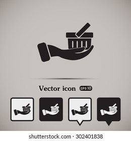 Vector icon hand holding a cart online store, Internet shop. bas