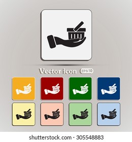 Vector icon hand holding a cart online store, Internet shop. bas