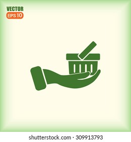 Vector icon hand holding a cart online store, Internet shop. bas