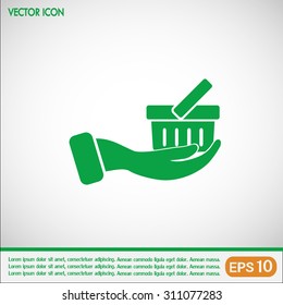 Vector icon hand holding a cart online store, Internet shop. bas