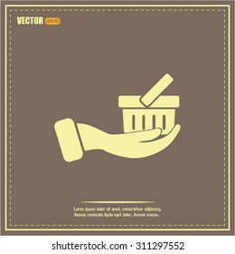 Vector icon hand holding a cart online store, Internet shop. bas