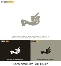 Vector icon hand holding a cart online store, Internet shop. bas