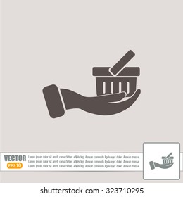 Vector icon hand holding a cart online store, Internet shop. bas
