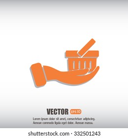 Vector icon hand holding a cart online store, Internet shop. bas