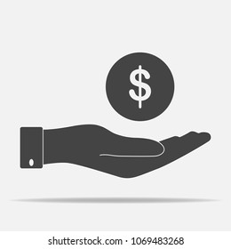 Vector icon hand holding a coin. Flat hand design and money