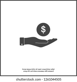 Vector icon hand holding a coin. Flat hand design and money icon on white isolated background. Layers grouped for easy editing illustration. For your design.