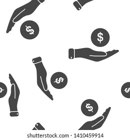 Vector icon hand holding a coin. Flat hand design and money seamless pattern on a white background.