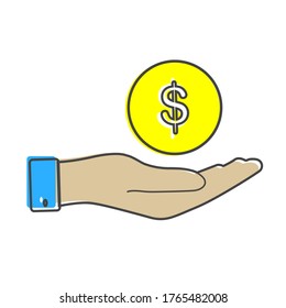Vector icon hand holding a coin. Flat hand design and money cartoon style on white isolated background.