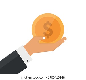 Vector icon hand holding a coin. Flat hand design and money.