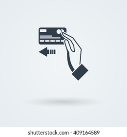 Vector icon with hand holding the coins and credit cards. Monoicon. Logo.