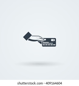 Vector icon with hand holding the coins and credit cards. Monoicon. Logo.