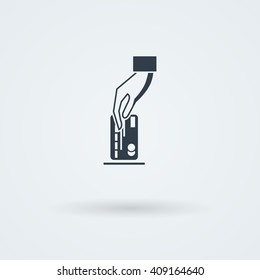 Vector icon with hand holding the coins and credit cards. Monoicon. Logo.