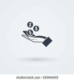 Vector icon with hand holding the coins and credit cards. Monoicon. Logo.