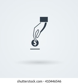 Vector icon with hand holding the coins and credit cards. Monoicon. Logo.
