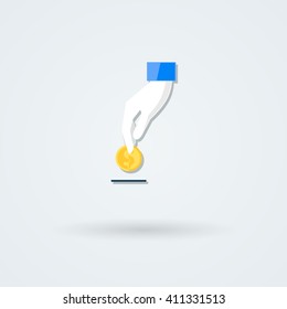 Vector icon with hand holding the coins and credit cards. Monoicon. Logo.