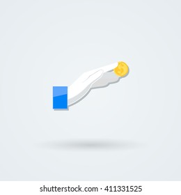 Vector icon with hand holding the coins and credit cards. Monoicon. Logo.