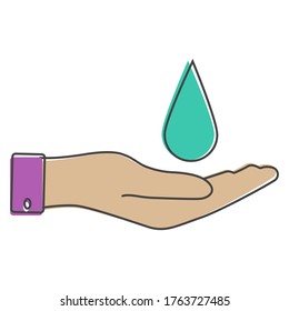 Vector icon hand holding a drop. Flat hand design and a drop of water cartoon style on white isolated background.