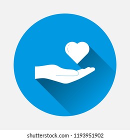  Vector icon  hand holding  heart on blue background. Flat image  hand and heart with long shadow. Layers grouped for easy editing illustration. For your design.