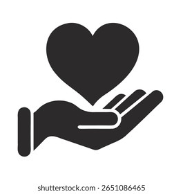 Vector icon of a hand holding a heart, symbolizing care, compassion, and support. Designed in a minimalist silhouette style on a white background.