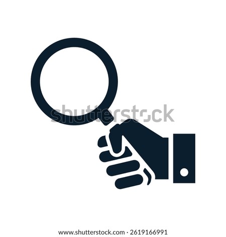 Vector icon of a hand holding a magnifying glass. Perfect for concepts like search, research, analysis, and inspection.