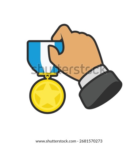 Vector icon of a hand holding a medal with ribbon, signifying reward, recognition, and success. Minimalist style ideal for achievement, award, or honor themes.