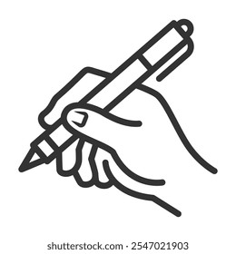 Vector icon of a hand holding a pen in a simple outline style.