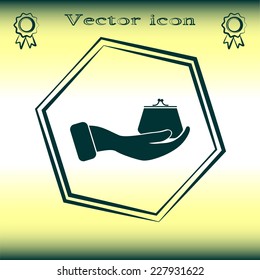 Vector icon hand holding a purse sign.