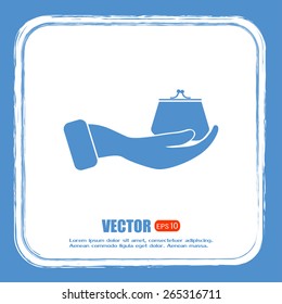 Vector icon hand holding a purse sign.