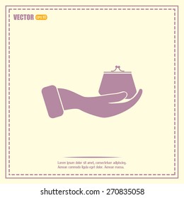 Vector icon hand holding a purse sign.