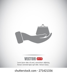 Vector icon hand holding a purse sign.