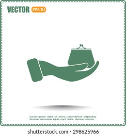 Vector icon hand holding a purse sign.