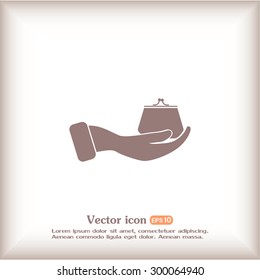 Vector icon hand holding a purse sign.