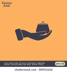 Vector icon hand holding a purse sign.
