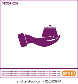 Vector icon hand holding a purse sign.