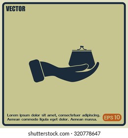 Vector icon hand holding a purse sign.