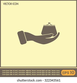 Vector icon hand holding a purse sign.
