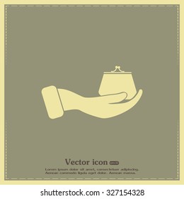 Vector icon hand holding a purse sign.