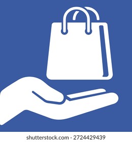 Vektorsymbol einer Hand, die eine Einkaufstasche hält. Symbolisiert Einzelhandel, E-Commerce, Konsumverhalten, Lieferservice, Einkaufshilfe oder den Kauf von Produkten