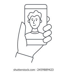 Vector icon hand holding smartphone with young man. Selfie, video call, blogger, online course, conversation with boyfriend, dating app. Editable stroke symbol. Stock illustration