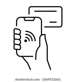 Icono de Vector de la mano que sostiene el teléfono inteligente que demuestra la tecnología NFC con el pago sin contacto con tarjeta