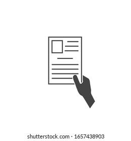 Vector icon hand holds document on white isolated background.
