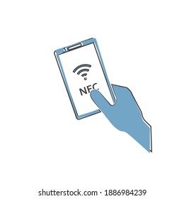 Vector icon hand holds a telephone on cartoon style on white isolated background.