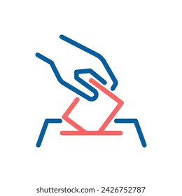 Vector Icon of Hand Inserting Ballot into Box: Thin Line Illustration for Voting, Democracy and US Elections 2024.