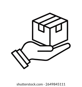 Vector icon of a hand lifting a delivery box, illustrated in clean outline style on a white background.