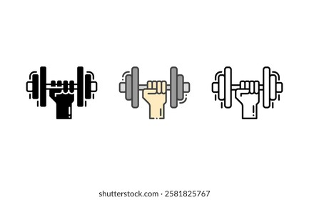 Vector icon of a hand lifting a dumbbell, symbolizing gym workouts, fitness, and weightlifting. Perfect for fitness, gym, and health-related designs. Outline, Glyph and Filled Outline Style