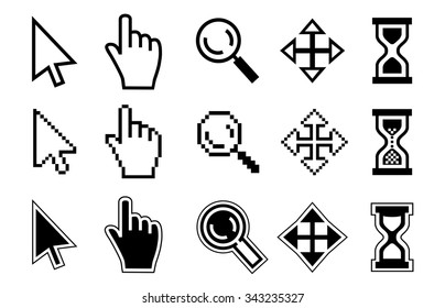 Vector icon hand, magnifier, cursor and hourglass on white background. 