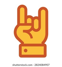Vector icon of a hand making the rock and roll horns gesture. Yellow and orange design suitable for music, concerts, festivals, and cultural signs.